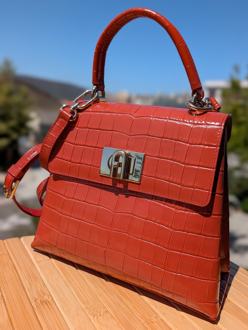 Furla Orange Croc Embossed Top Handle Crossbody Satchel Bag
